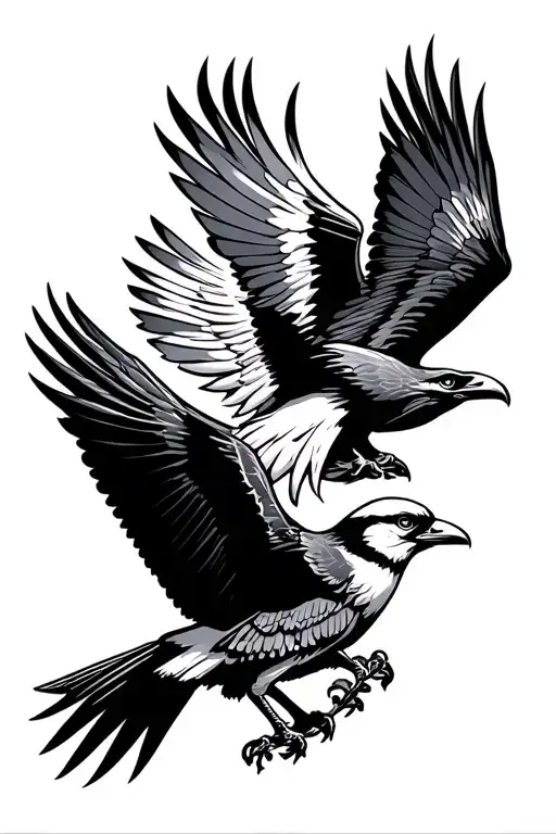 bald eagle and grey jay facing each other with the guatemalan quetzal soaring in between them tattoo design idea
