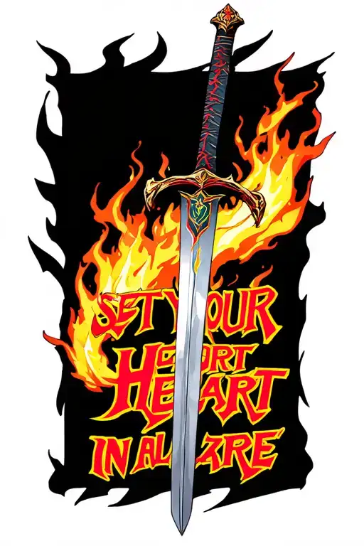 Demon slayer Rengoku sword with flames around it and to the side saying set your heart ablaze in japenese letters tattoo design idea