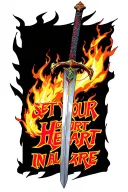 Demon slayer Rengoku sword with flames around it and to the side saying set your heart ablaze in japenese letters tattoo design idea