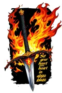 Demon slayer Rengoku sword with flames around it and to the side saying set your heart ablaze in japenese letters tattoo design idea