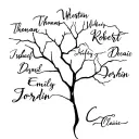 Names Donovan, Thomas, Westly,  Robert, Isaac, Desmin, Emily, Claire, Jordyn in the branches of a tree tattoo design idea