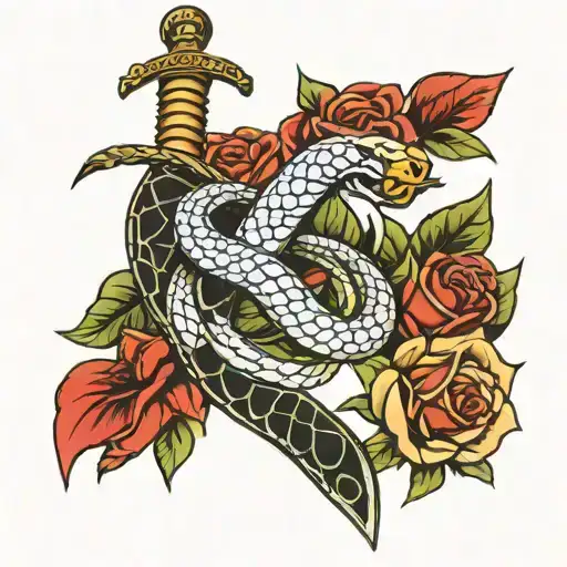 snake rose and sword tattoo design idea