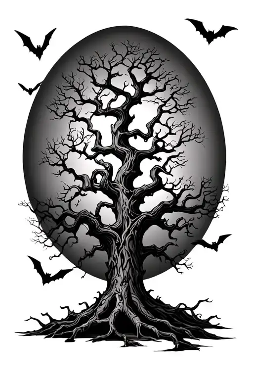 Poison tree with bats flying around tattoo design idea