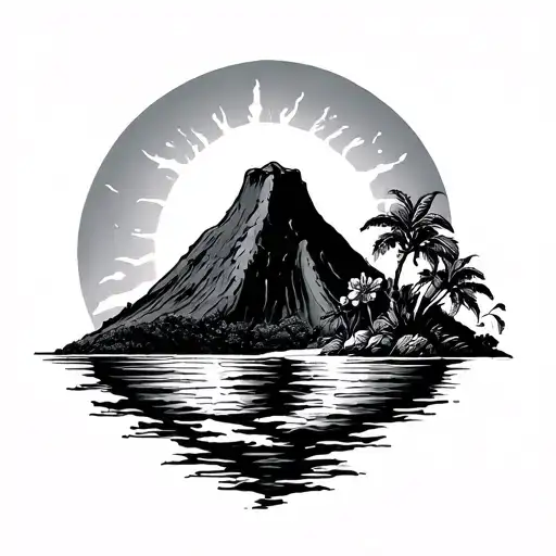 Island of Reunion with a mountain sun sea hibiscus volcano and tail straw tattoo design idea