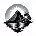 Island of Reunion with a mountain sun sea hibiscus volcano and tail straw tattoo design idea