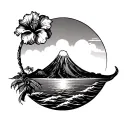 Island of Reunion with a mountain sun sea hibiscus volcano and tail straw tattoo design idea