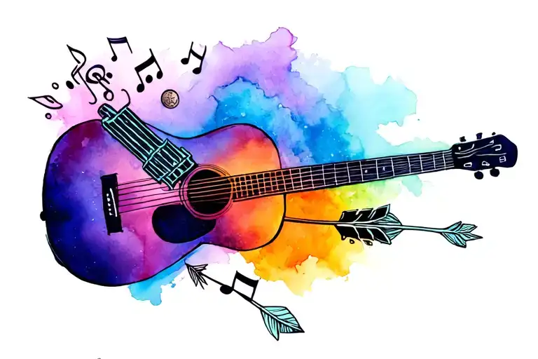 Acoustic guitar, arrow, penny, music note tattoo design idea