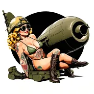 WWII pinup posing on WWII missile, vintage bikini,, combat boots, army helmet with goggles, blonde windblown tattoo design idea