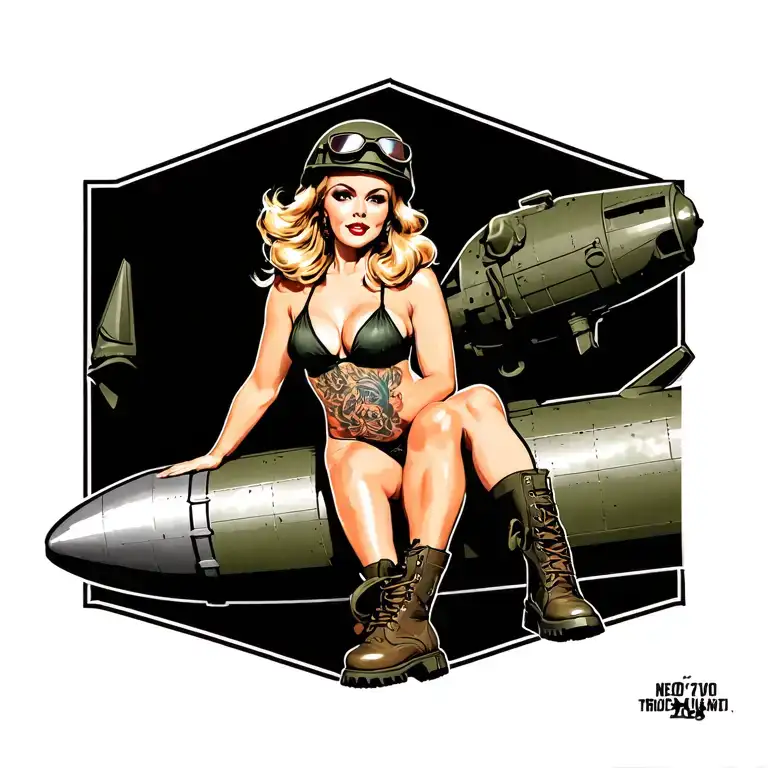 WWII pinup posing on WWII missile, vintage bikini,, combat boots, army helmet with goggles, blonde windblown tattoo design idea