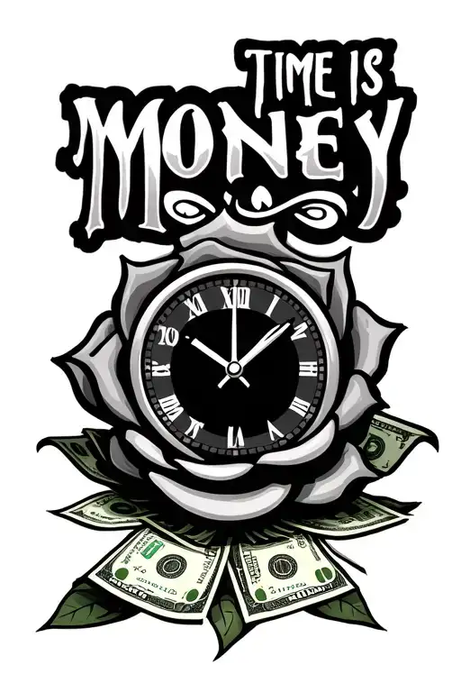 "Time is money" a clock, below the clock, a money rose made of $100 bills tattoo design idea