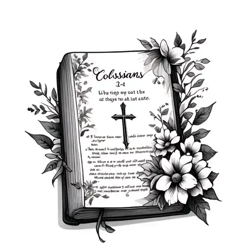 a bible with a Colossians 3:23-24 with a cross and flowers  tattoo design idea