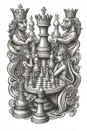 chess king and queen with other chess pieces in background tattoo design idea