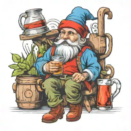 garden gnome with red hat and blue shirt drinking rum tattoo design idea