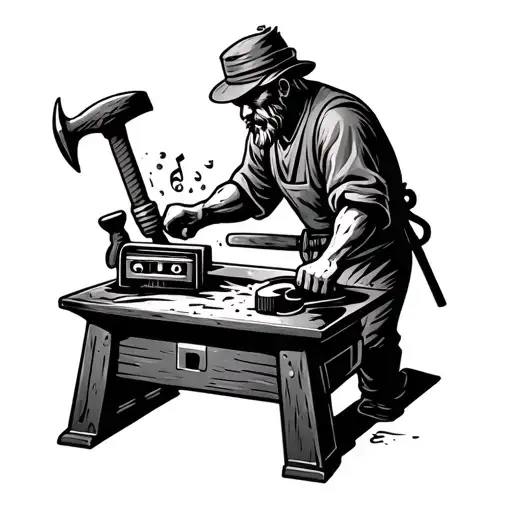 A minimal tattoo of a blacksmith figure working hard with a hammer to make An old music cassette on his anvil tattoo design idea