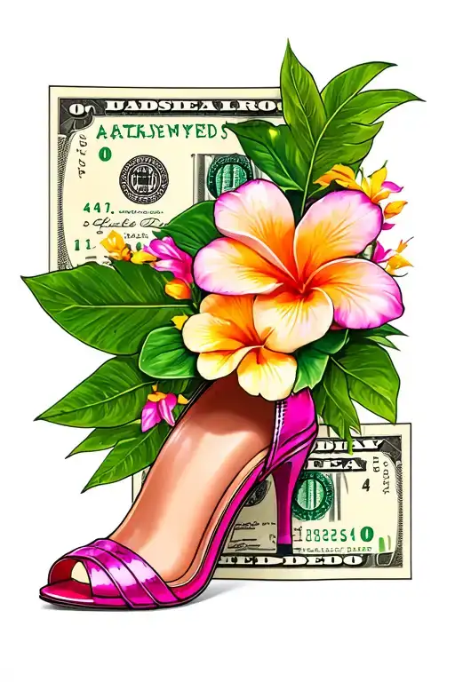 Hawaiian flowers hundred dollar bills biting lip stripper heels tattoo design idea