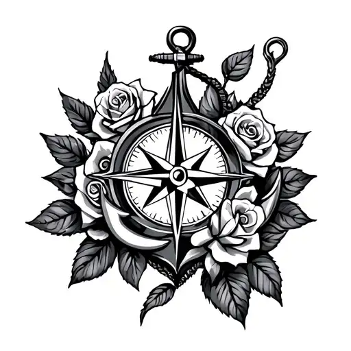 roses, anchor and a compass rose intertwined tattoo design idea