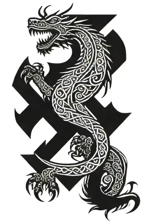 viking dragon silhouette with celtic knots for scales intertwined around a Valknut tattoo design idea