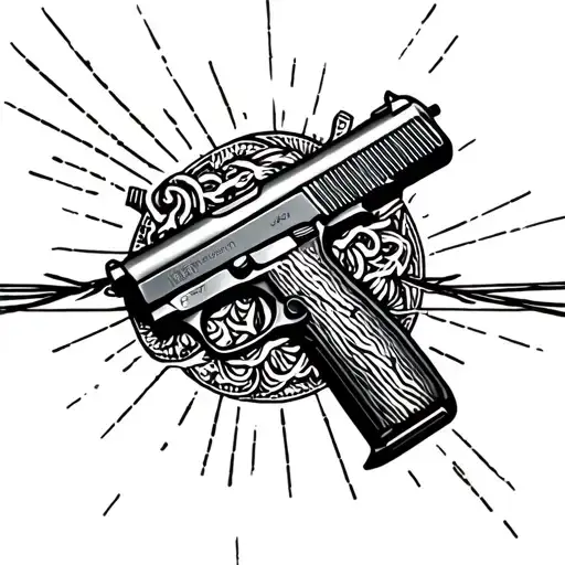 An intricate design featuring a gun intertwined with a power line symbolizing the occupation of a lineman tattoo design idea