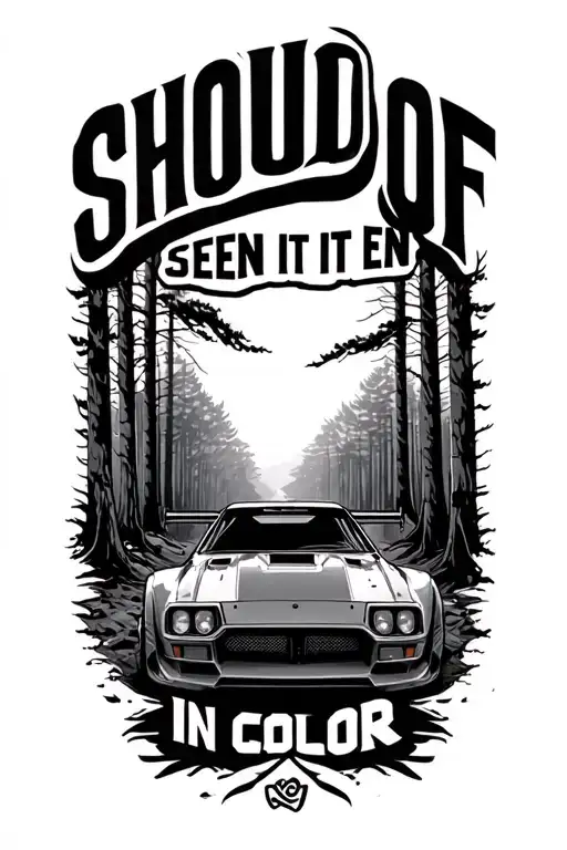 "Should of seen it in color" dirt road woods surrounded ump modified race car  tattoo design idea