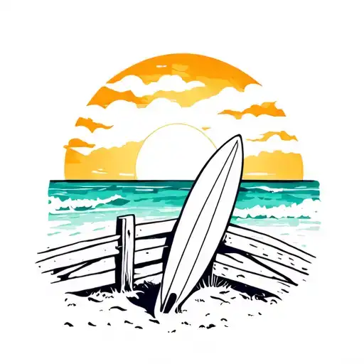 Surfboard leaning on a fence with beach and ocean sunrise background tattoo design idea