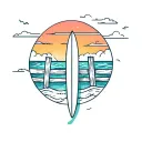 Surfboard leaning on a fence with beach and ocean sunrise background tattoo design idea