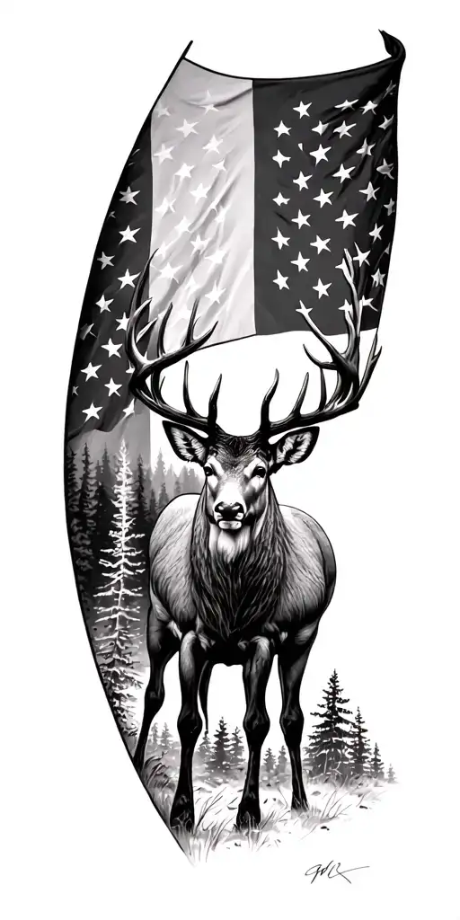 American flag with deer and forest tattoo design idea