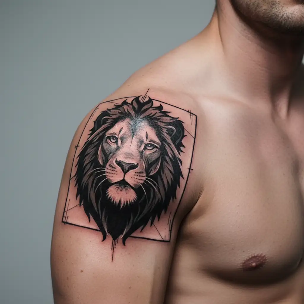“A 3-inch fine-line blackwork tattoo blending symbolism of Leo and cybersecurity. Central image: a stylized lion’s head tattoo design idea