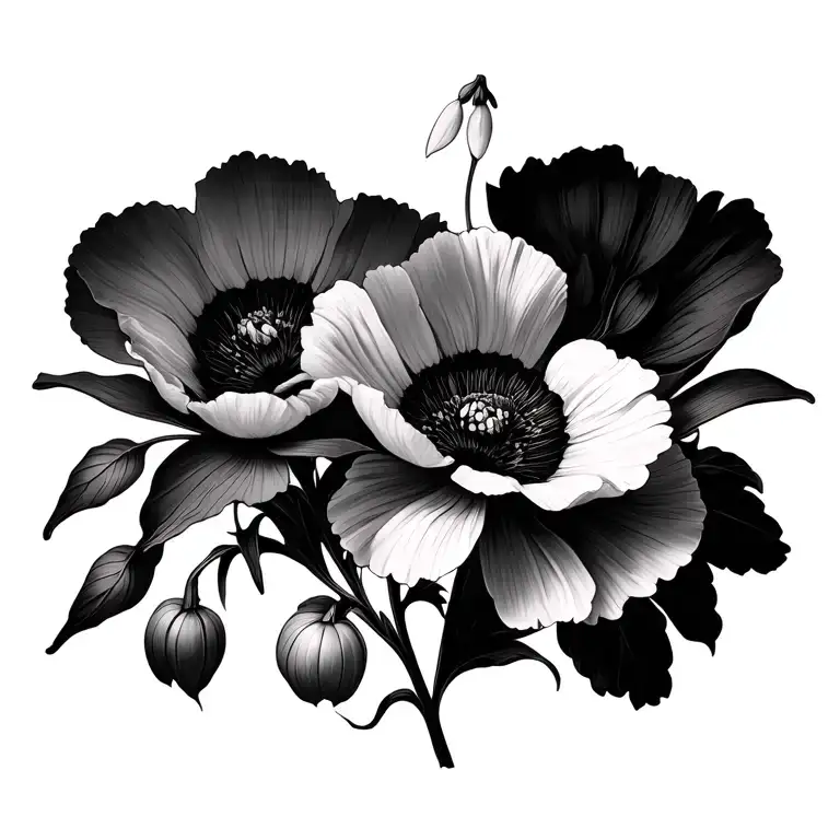 minimalist flower intertwined tattoos using, January: Snowdrop; June: Honeysuckle; August: Poppy; and October: cosmos tattoo design idea