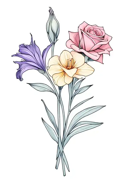 dainty bouquet of a single gladiolus, a single rose, a single daffodil, and sweet pea colors like purples pinks blues tattoo design idea