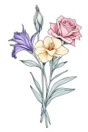 dainty bouquet of a single gladiolus, a single rose, a single daffodil, and sweet pea colors like purples pinks blues tattoo design idea