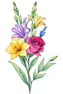 dainty bouquet of a single gladiolus, a single rose, a single daffodil, and sweet pea colors like purples pinks blues tattoo design idea