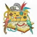 Book, video game controller, dolphin, humming bird, wrench, Knitting needles, Eagle feather charm bracklet tattoo design idea