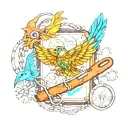 Book, video game controller, dolphin, humming bird, wrench, Knitting needles, Eagle feather charm bracklet tattoo design idea