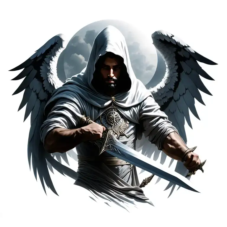 arch angel gabriel with spreaded wings bowed hooded head holding sword tattoo design idea