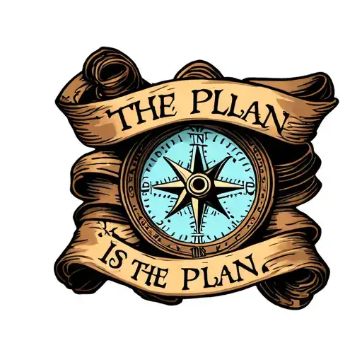 "The plan is the plan" scroll wrapped compass with anchor tattoo design idea