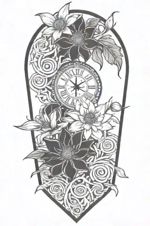 Continuous vine, wrapping, roses, daisies, lotuses, passing of time, flashes of red and green tattoo design idea