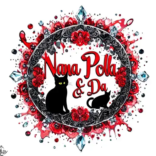 A mandala design incorporating the names 'Nana & Da' in a decorative script, with cat silhouettes and crystal accents throughout tattoo design idea