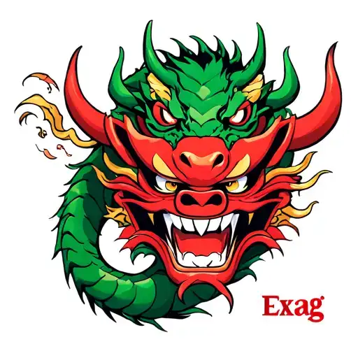 Vibrant New School tattoo illustration of a green Japanese Dragon coiling around a fierce red Oni mask. The Oni has exag tattoo design idea