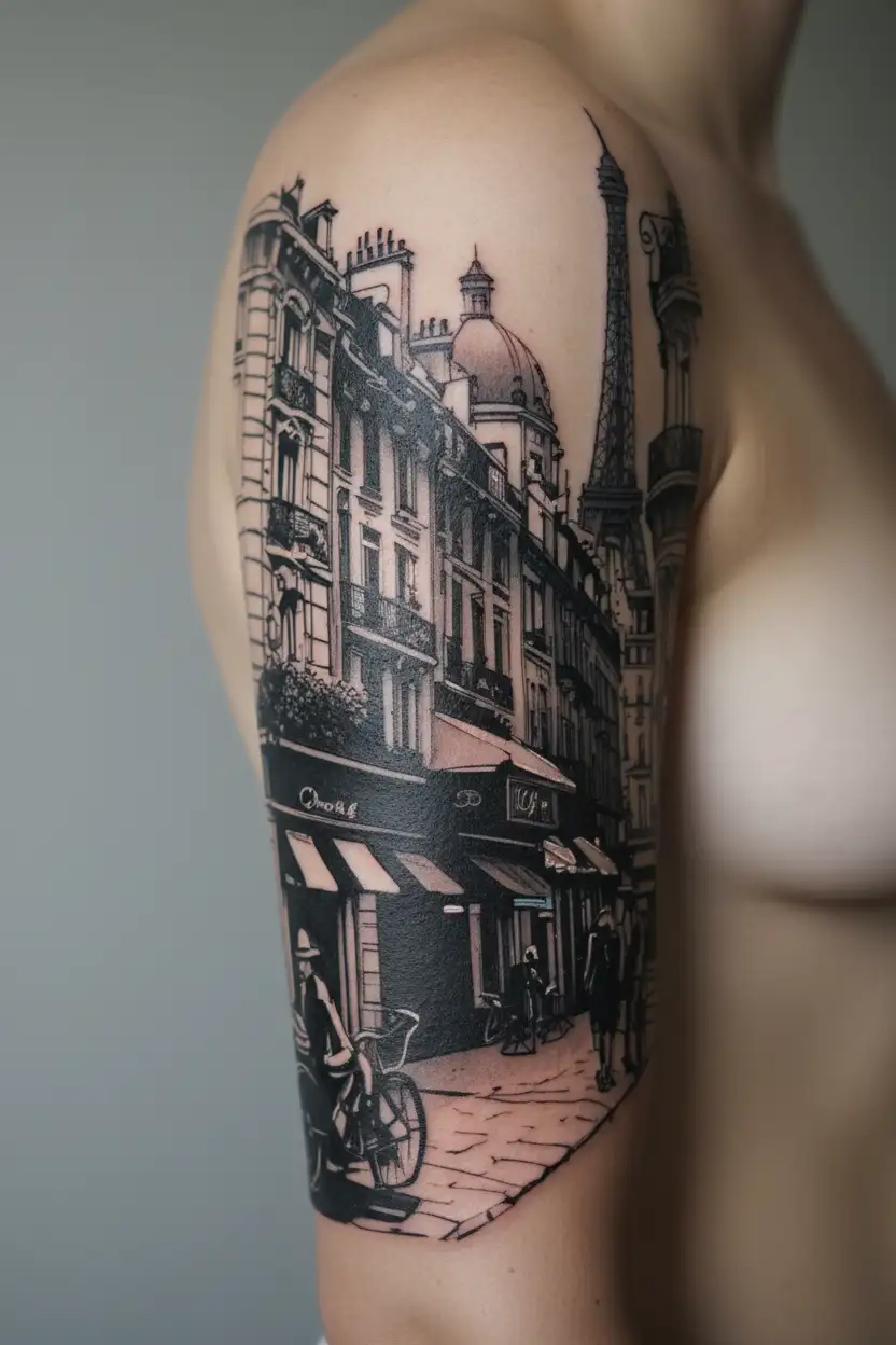 A Parisian street scene with hidden Disney characters tattoo design idea