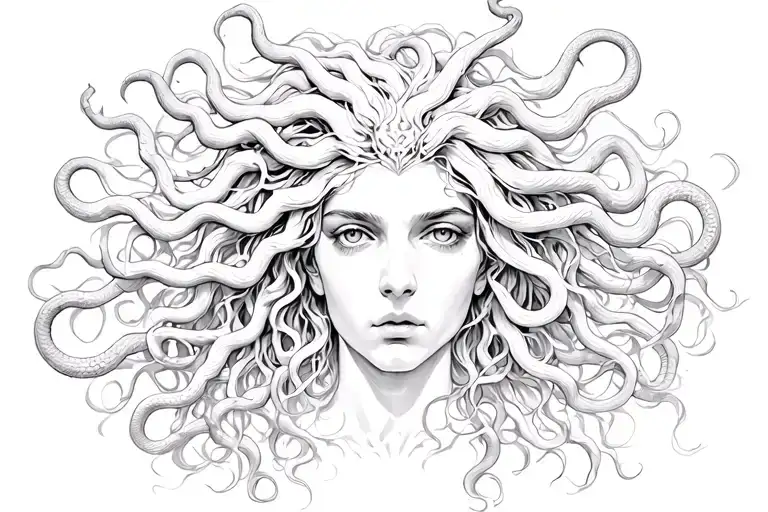 Medusa portrait with wild, flowing hair made of serpents, drawn in rough pencil sketch style, high detail, expressive fa tattoo design idea