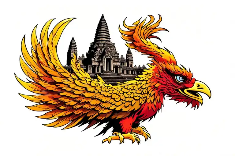 Angkor wat with a Asian phoenix around it  tattoo design idea