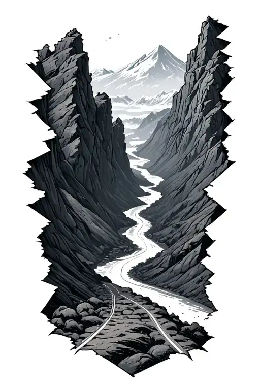 broken road through steep crag mountain range tattoo design idea