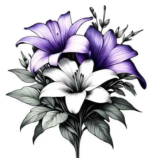small fine line tattoo of a violet and a lily in a bouquet tattoo design idea