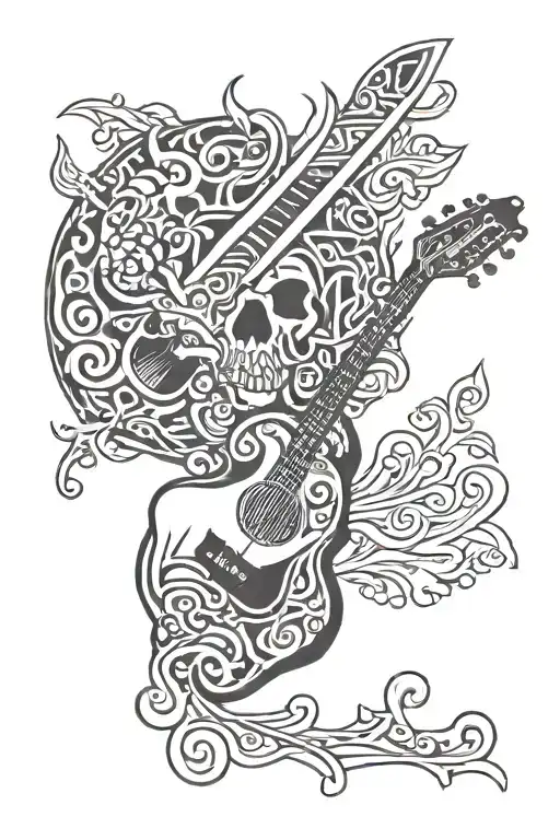 chef knife , acoustic guitar, graphite pencil ,death tattoo design idea
