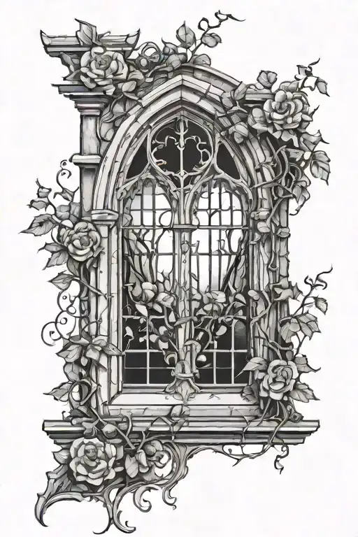 medieval gothic window, with vines growing up it, becoming flowers towards the top tattoo design idea