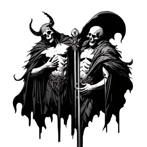 A design that interweaves Hades and Thanatos together, with Thanatos delivering souls to Hades' domain in the Underworld tattoo design idea