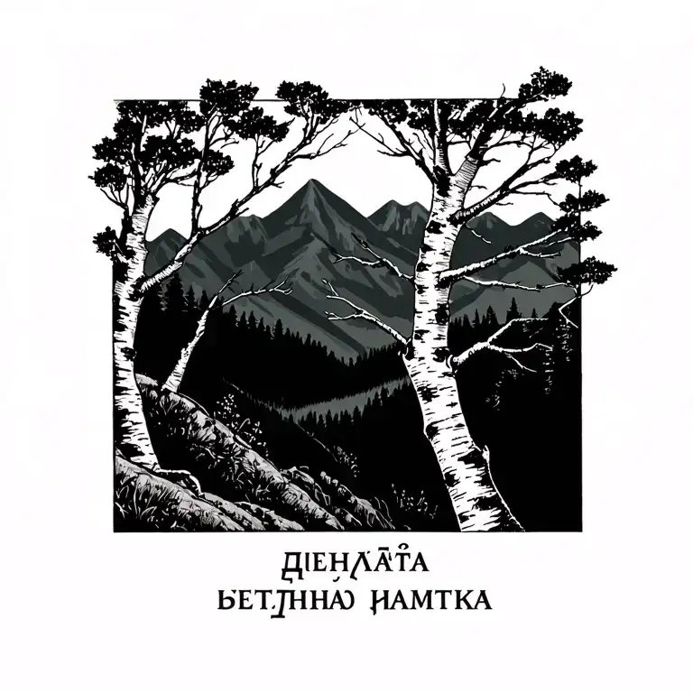 "Вечная память" birch trees with mountains in the background with words in tiny print at the base  tattoo design idea