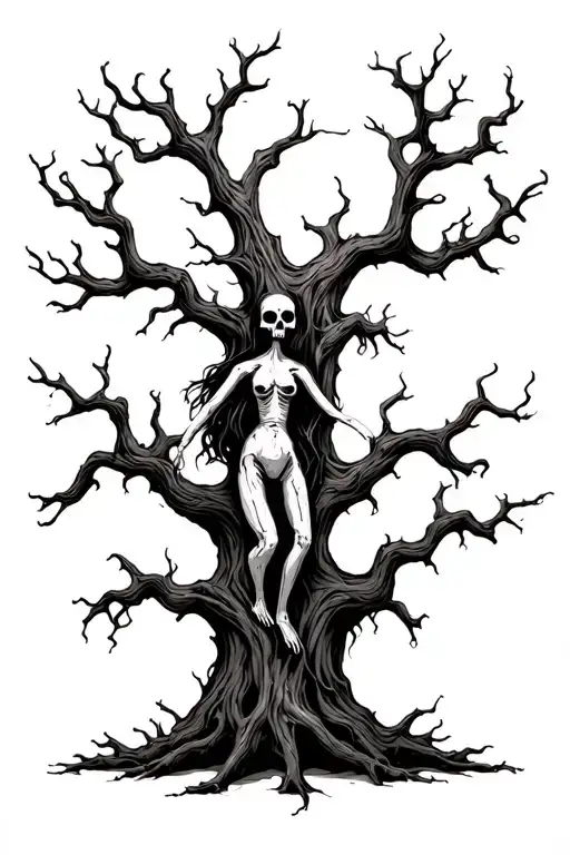 dead, twisted tree with voodoo doll dancing tattoo design idea