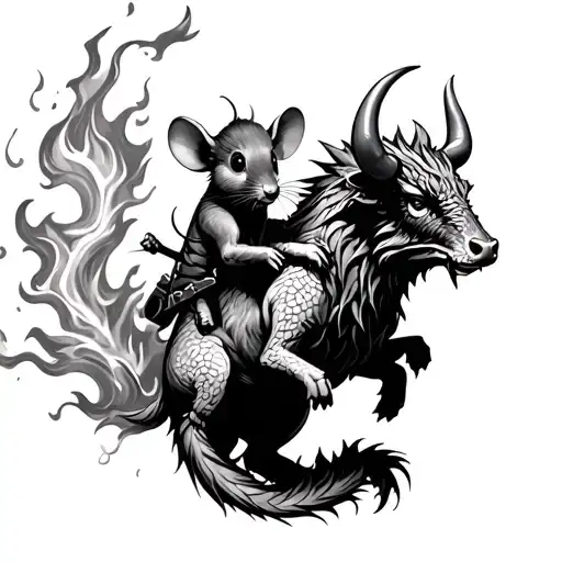 mouse and an ox riding a dragon breathing fire tattoo design idea