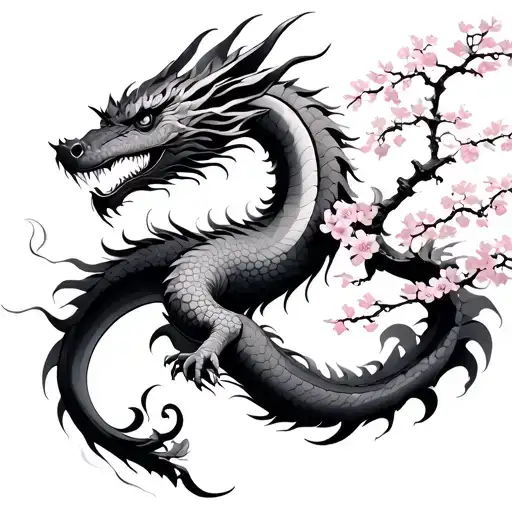 smoky Japanese dragon with sakura tree tattoo design idea
